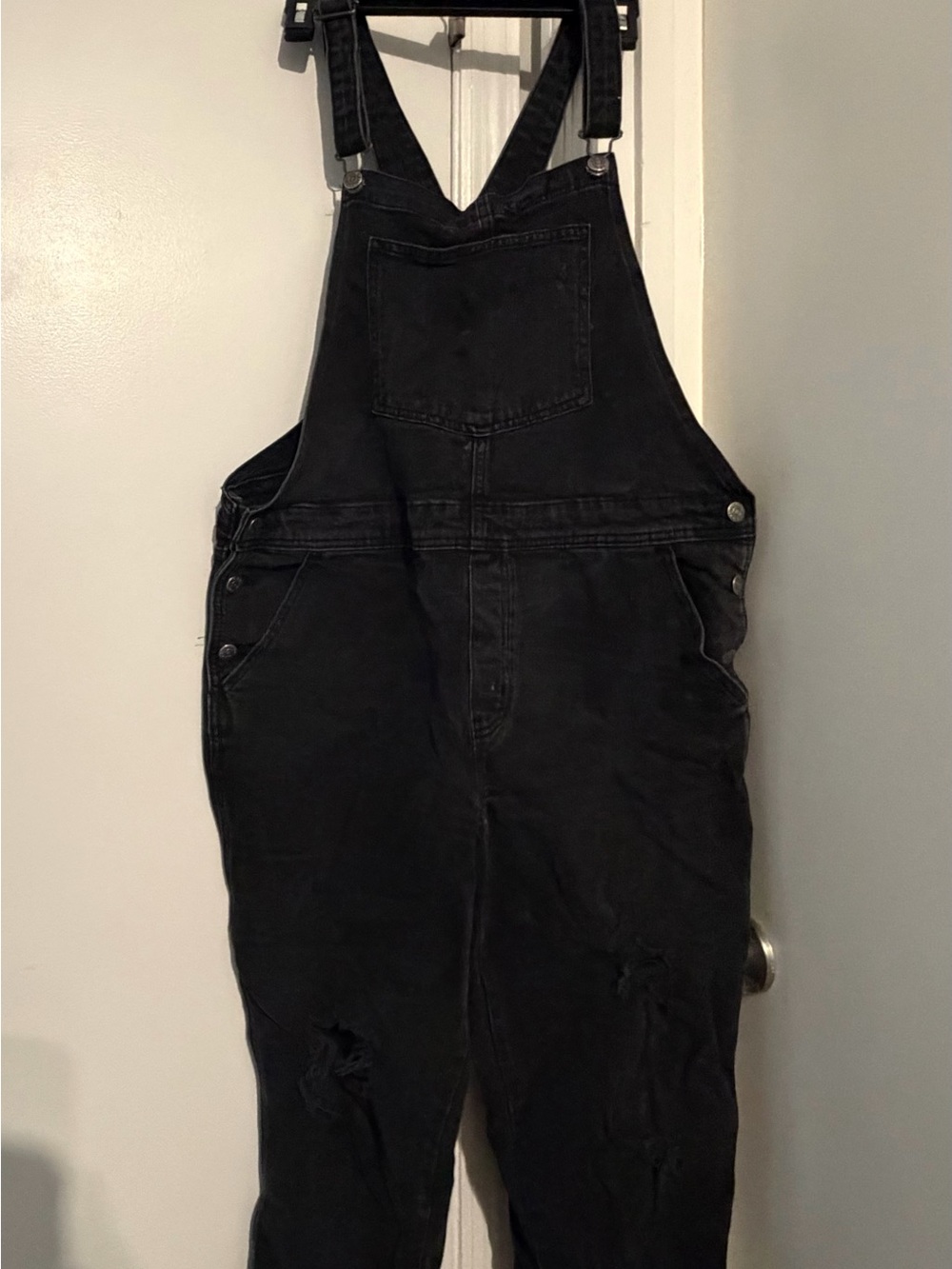 Black Destressed Skinny Overalls